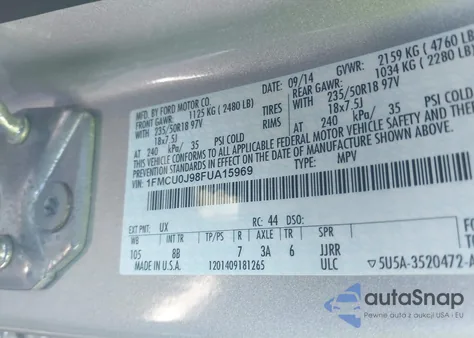 2015 Ford Escape Titanium z USA, uszkodzony, nr VIN 1FMCU0J98FUA15969